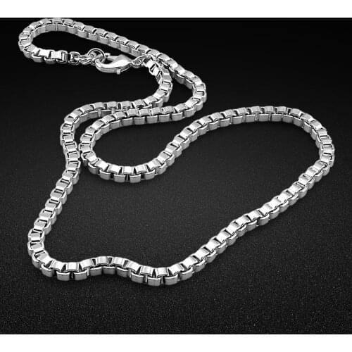 Ожерелье 925 Silver Necklace Men Solid Silver 3MM Box Chain Design 46-66CM Size No Fading Body Jewelry Valentines Day Gift