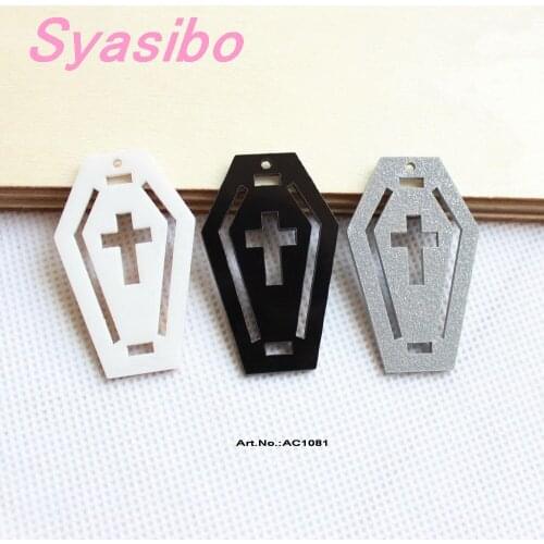 4cs/lot) AC1081-50MM Acrylic Coffin Grave Cross For Earrings Black White Silver Glitter Halloween Grave Cross For Earrings
