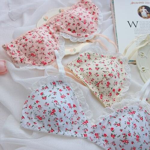 Fresh floral sweet lace triangle cup underwear small chest thin section bra wirefree pure cotton girl beautiful back bralette