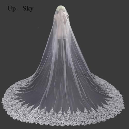 Hot blanco marfil 3 M Encaje Catedral velo de boda con peine Lentejuelas Velos de novia Appliques Tulle Long Catedral velo