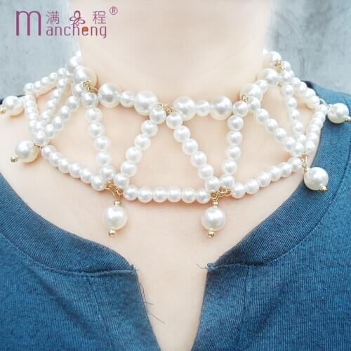Multilayer Layered White pearl necklace Choker women girl golden short Crude Hyperbole pearl beads chokers necklaces wholesale