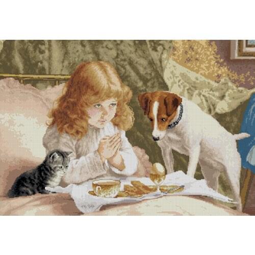 Morning Prayer Girl Dog Cat Cross Stitch Kit Needlework 14CT Unprinted Embroidery Counted Top Quality DIY Handmade Decoration