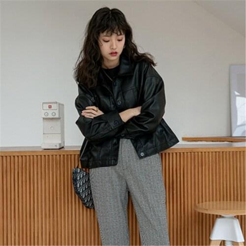 Autumn New Black Leather Jacket Womens Loose Large Size Was Thin All-Match Motorcycle Short Leather Jacket