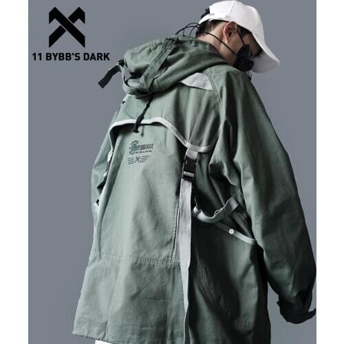 11 BYBBS DARK Hip Hop Cargo Jackets Men 2020 Letter Printed Autumn Casual Streetwear Harajuku Ribbons Pockets Turtleneck Coats