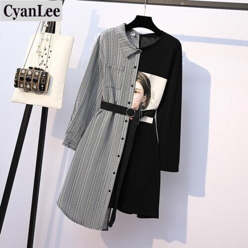 Plus Size Women Asymmetric Dress Autumn 2020 Fashion Long Sleeve Print Cotton Tshirt Patchwork Plaid Shirt Casual Dresses 4XL