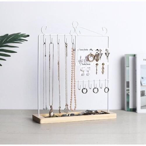 Metal Frame & Wood Basic Tray for Earrings Bracelets Necklace Watch Accessories Holder-20 Holes & 11 Hooks