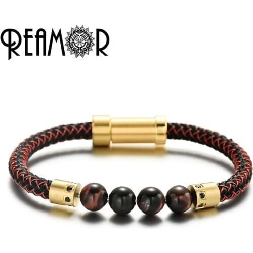 REAMOR Luxury Men Bracelets Red Natural Stone DIY Detachable Stainless Steel Wire Rope Bracelet Gold Plating Zircon Bangle Women