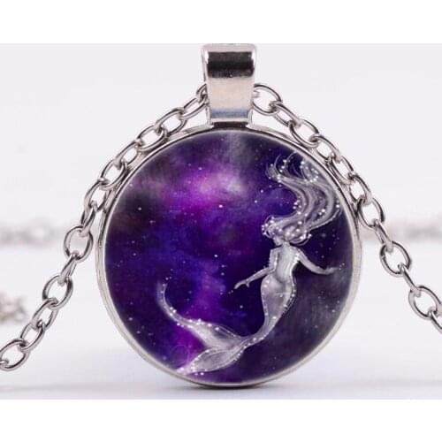 Mermaid Animal Photo Cabochon Glass Chain Necklace,Charm Creative Women Pendants Fashion Jewelry Accessory,Friend Gifts