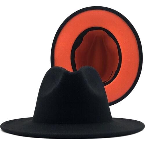 Simple black with orange Bottom Patchwork Panama Wool Felt Jazz Fedora Hats Women Men Wide Brim Party Cowboy Trilby Gambler Hat