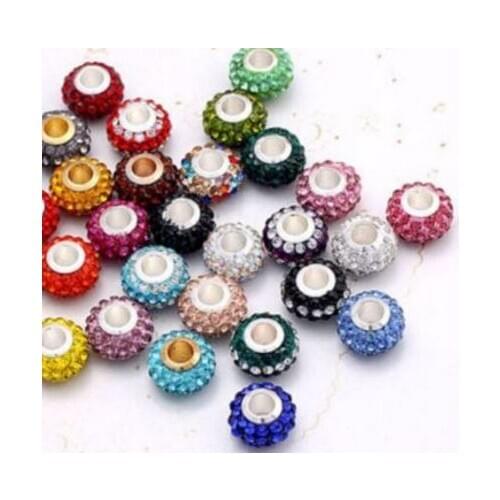 Mixed white hot 14MM 50Pcs/lot Resin Rhinestone Silver Plated Core Big Hole Crystal European Beads gfde3 Fit Charm Bracelets
