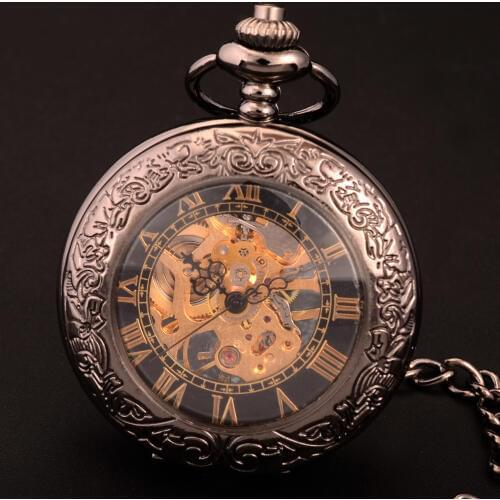 TIEDAN Steampunk Luxury Fashion Antique Skeleton Mechanical Pocket Watch Men Chain Necklace Business Casual Pocket & Fob Watches