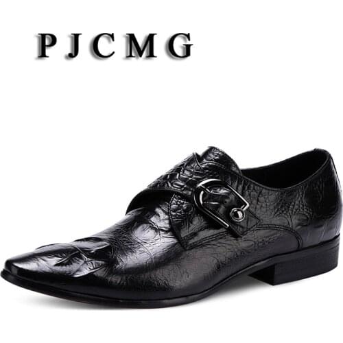 PJCMG High Quality Spring/Autumn Black/Red Genuine Leather Flat Oxford Slip-On Solid Crocodile Style Dress Wedding Shoes For Men