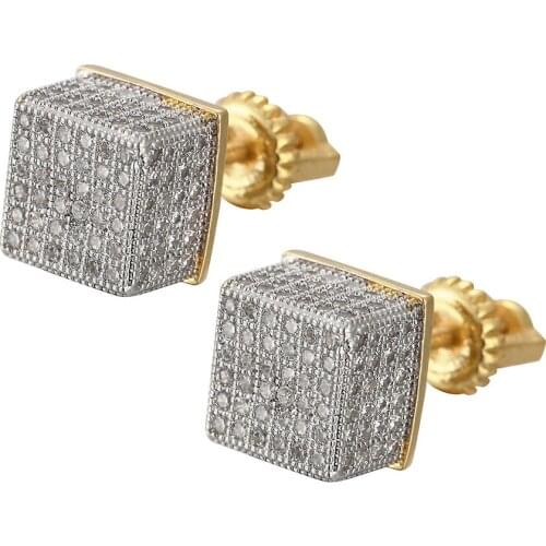 Hip HOP Pure Gold Plating Earrings CZ Bling Ice Out Stud Earring Cubic Zironia Stone Round 8mm Earrings for Men Women Lover Gift