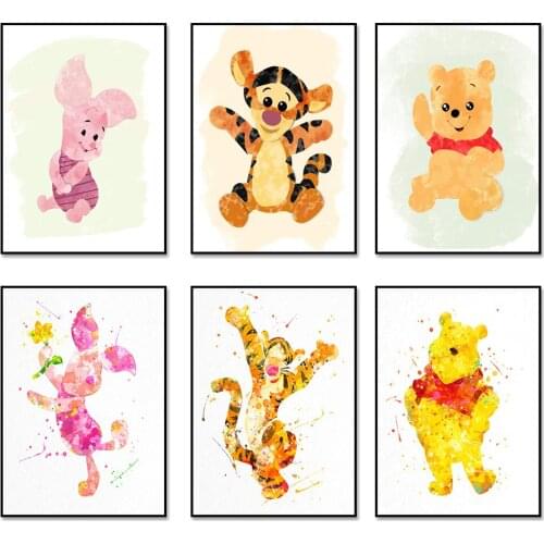 Winnie the Pooh UV Paper Posters Anime Cartoon Watercolor Pooh Bear Wall Stickers for Living Room Bedroom Childrens Room Decor