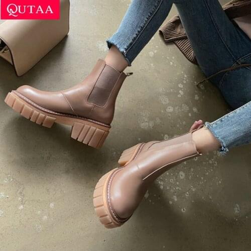 QUTAA 2022 Chelsea Boots Winter Square High Heel Women Boots Ankle Boots Round Toe Cow Leather Casual Women Shoes Size 34-42
