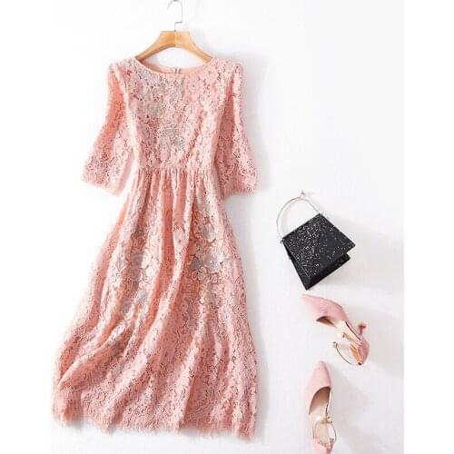 Slim embroidered New Lace dress round neck middle sleeve long summer new style women s big dress