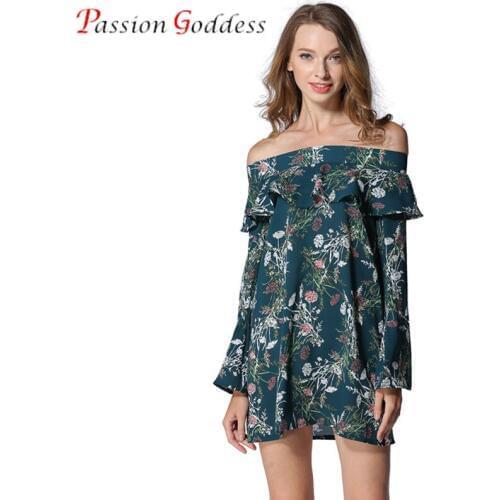 Passion Goddess 2020 Summer Women Chiffon Flower Print Dress Off The Shoulder Long Flare Sleeve Ruffles Sexy Mini Dress Vestidos