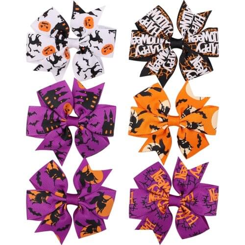 6Pcs/lot 3.34'' Halloween Decoration Grosgrain Ribbon Hair Bow With Clip For Girls Pinwheel Hair Clips Headwear Hair Accessories