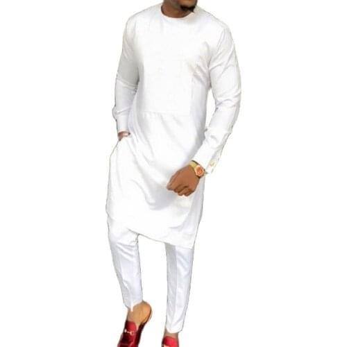 Mens Pant Set Full Sleeve Custom Made Plus Size Solid White Long Tops+Trousers For African Party DropShipping