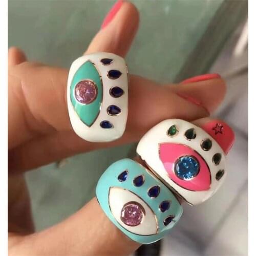 Egirl Style Colorful Evil Eye Rings for Women Y2K Jewelry Punk Goth INS Shiny Crystal Rings 2000s Fashion Aesthetic Friends Gift