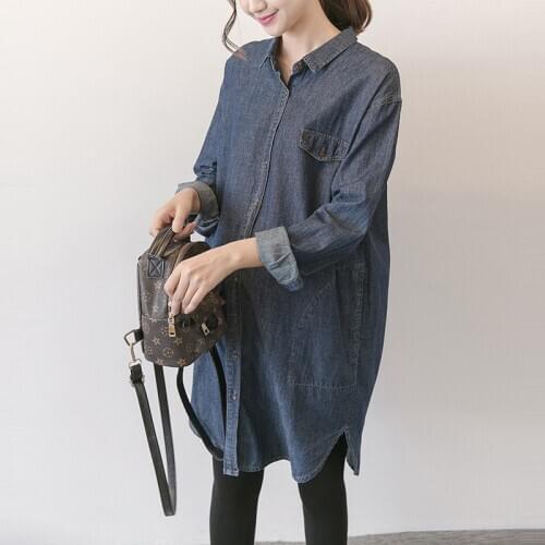 Maternity Elegant Denim Shirt Dresses SpringAutumn Pregnant women Long Sleeve Dress Blouse Pockets Single-Breasted Ladies Tops