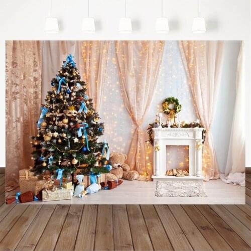 Golden Christmas Glitter Photo Background X-mas Tree Fireplace Gifts Background Curtain Winter Children Portrait Photography