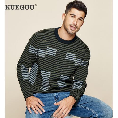 KUEGOU 2020 Autumn Striped Green Pattern Sweater Men Pullover Casual Jumper Male Brand Knitted Korean New Style Clothes 12215
