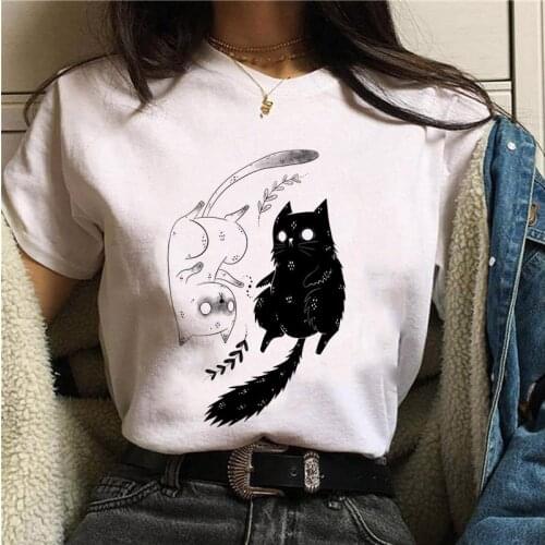 Summer Women T-shirts Harajuku Cartoon Cat Halloween Print Tshirt Casual Short Sleeve White Tee Shirt Femme 2021 Plus Size XXXL