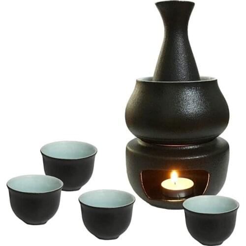 Ceramic Sake Set with Warmer Include 1pc Sake Bottle, 4pc Sake Cups, 1pc Warmer Cup, 1pc Candle Heating Stove