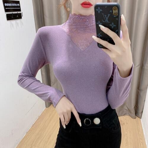 2020 New Denim Thermal Clothing Lace Bottomed Shirt Long Sleeve High Collar Goddess Dress Versatile Top Womens Slim Fit