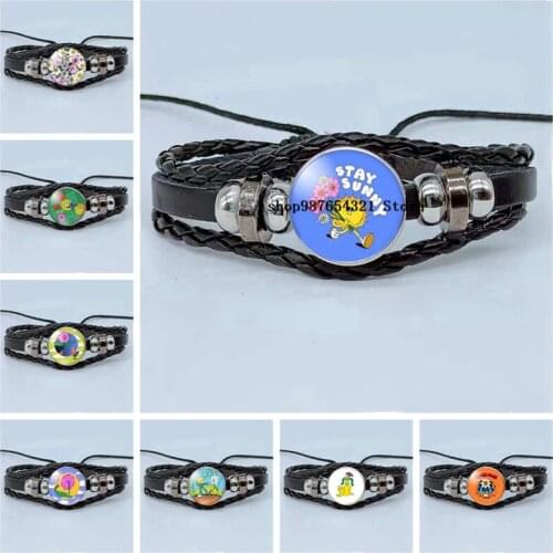 New interesting flower butterfly painting round glass cabochon bracelet multi-layer braided leather bracelet jewelry