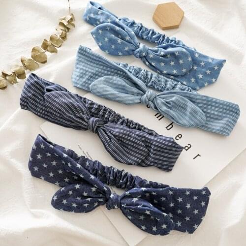 Autumn Winter American Fashion Women Denim Headbands Knotted Elastic Hairbands Stars Stripe Headdress Accessories