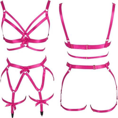 Full Body Harness Bra Top Pink Bow Cuts Leg Garter Belt Cage Waist Suspender Punk Goth Dance Party Rave Girl Lingerie Plus Size