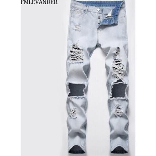 Washed Denim Spring Autumn New Fashion 2020 Cotton Ripped Skinny Jeans Men