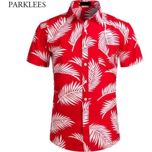 Palm leaf Print Shirt Men 2020 Summer Pocket Mens Hawaiian Shirt Casual Loose Cotton Aloha Shirts Chemise Homme Hawaii Camisas