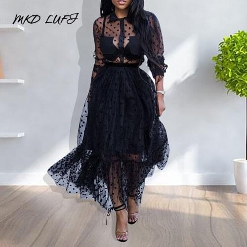 Sexy See Through Mesh Long Sleeve Maxi Dress Women Turn Down Collar Pocket Design Long Dresses Workwear