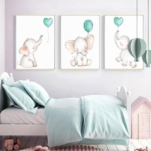 Modern Watercolor Elephant Green Balloon Nursery Posters Childs Canvas Painting Wall Art Print Picture Baby Kids Room Home Decor