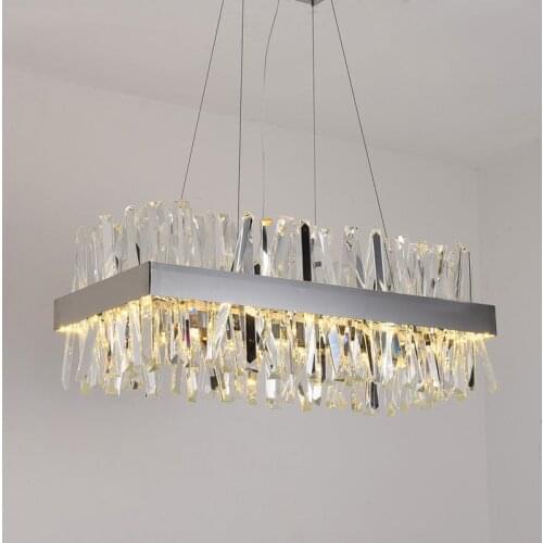 Dining Room Rectangle Gold Chrome Steel Led Dimmable Pendant Lights Modern Luxury Lustre K9 Crystal Led Hanging Lamp Fixtures