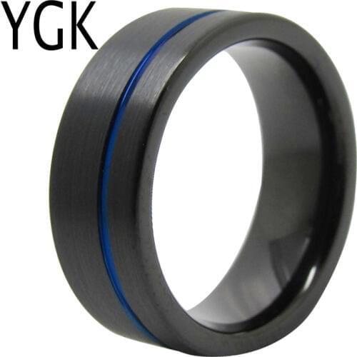 YGK Wedding Jewelry Matte Black With Blue Line New Tungsten Rings for Mens Bridegroom Wedding Engagement Anniversary Ring