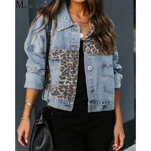 New Autumn Women Sexy Leopard Patchwork Denim Jacket 2020 Vintage Casual Jean Jacket Long Sleeve Winter Female Coat Streetwear
