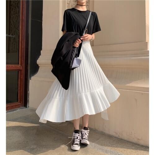 2021 fall Korean Irregular soild color Skirt Pleated Chiffon Skirt Faldas Largas Elegantes female Sweet Black mid-Length Skirts