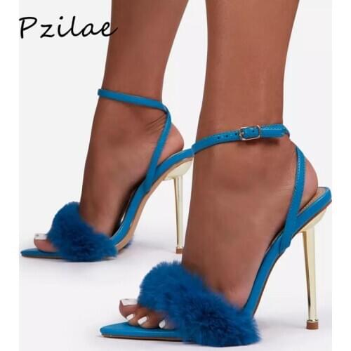 Pzilae New Summer Sandals Women Shoes Buckle Strap Metal High Heels Faux Fur Pointed Toe Sandals Furry Wedding Party Pumps Blue