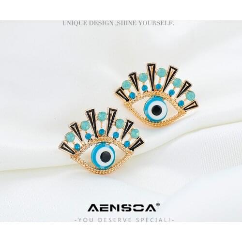 AENSOA 2021 Fashion Gold Color Dripping Oil Evil Eye Stud Earring for Women Vintage Crystal Statement Earring Rhinestone Jewelry