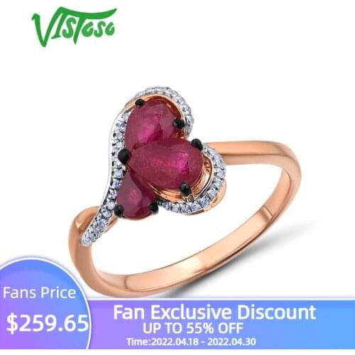 VISTOSO Gold Rings For Women Genuine 14K 585 Rose Gold Ring Heart Ring Sparkling Red Ruby Diamond Trendy Wedding Fine Jewelry