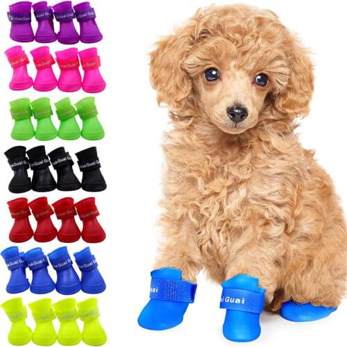 4PCS Waterproof Pet Rain Shoes Non-slip Dirty-proof Dog Booties Rubber Candy Colors Portable Anti Slip Stretchy Protective S/M/L