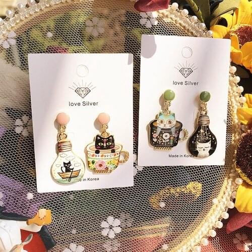Personality Asymmetric Alloy Enamel Cute Stud Earrings Cup Cat Light Bulb Cat Animals pendants earrings