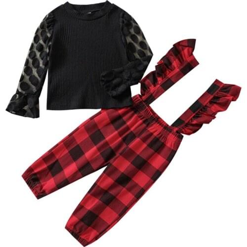 Pudcoco 6M-4Y 2Pcs Girls Boys Long Sleeve Casual O-Neck T-Shirt Tops+Suspender Ruffles Red Plaid Overall Leotard Outfit Sets