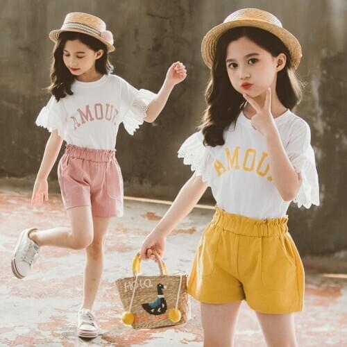 New Summer Girls Sports Clothing Set Baby Short Sleeve Trumpet sleeve T-shirts +Pants 2pc Children Trendy Outfits