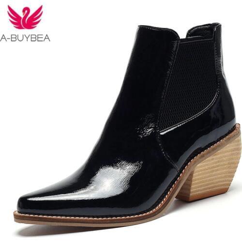 Western Cowboy Boots For Women Pointed Toe Western Boots Leather Ankle Women Boots Block Wedges Boots Autumn Winter botas