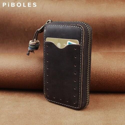 Retro Crazy Horse Leather Key Wallet Handmade 2 Card Holder Bag Portable Storage Housekeeper Key Ring Keychain Box With Zipper